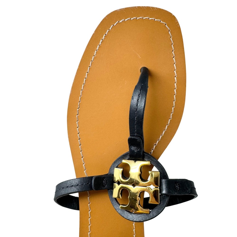 Tory Burch Mini Miller Sandals Black Leather Logo Thong Size 8.5 - Picture 7 of 10